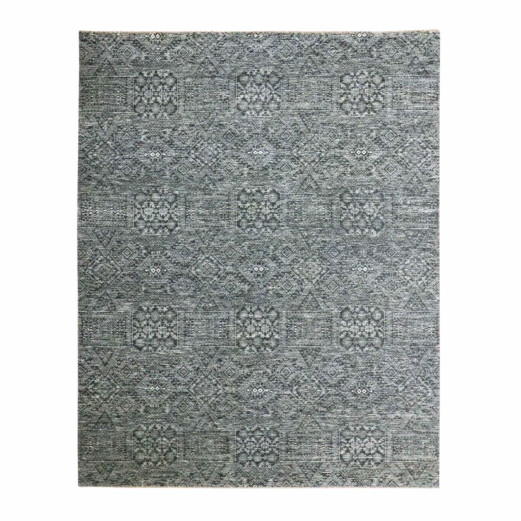 7'10"x10' Anchor Gray, Intricate Repetitive Geometric Design, Tone on Tone, Wool and Silk, Hand Knotted, Oriental Rug 